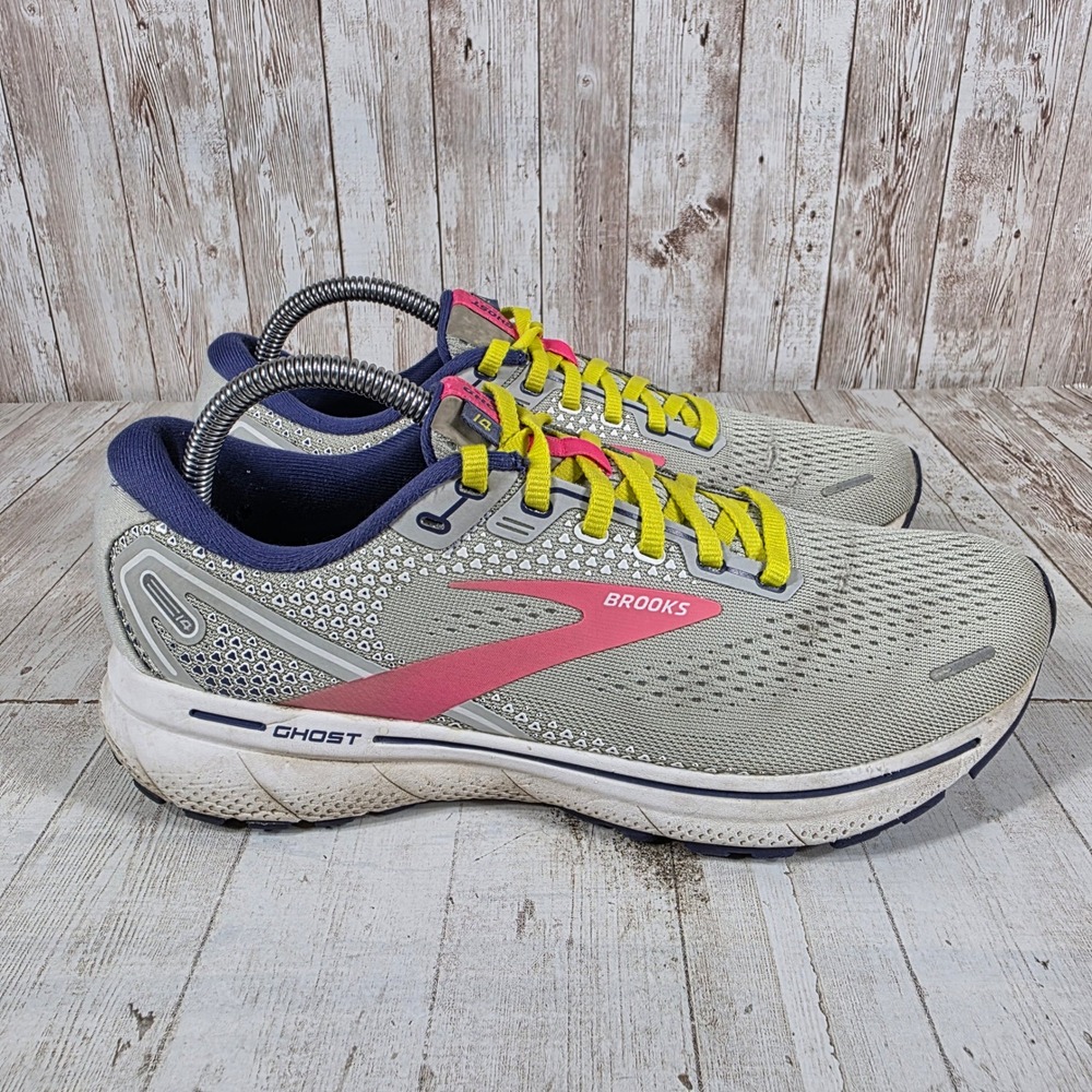 Brooks Ghost 14 Womens Running Shoes Grey Pink Yellow 1203561B061 Size 9.5